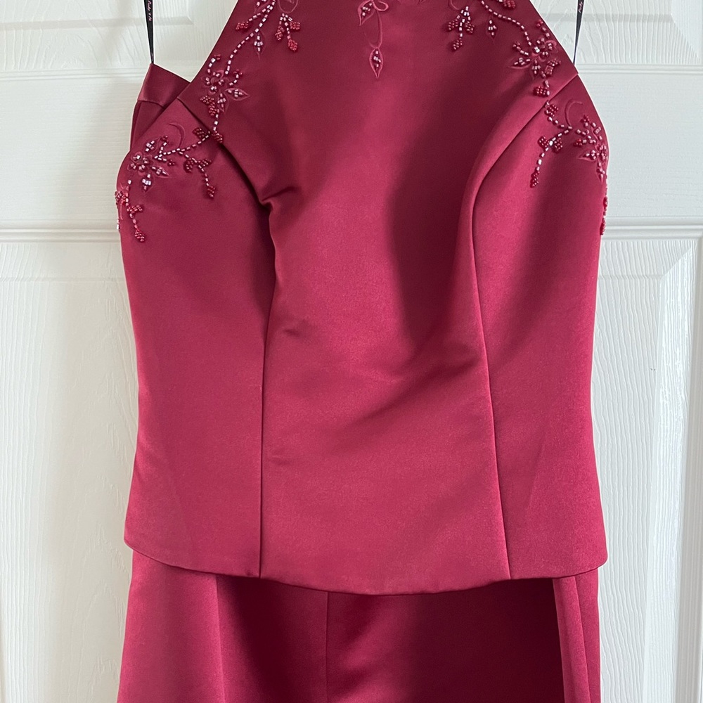 Formal full length burgundy satin two piece dress.